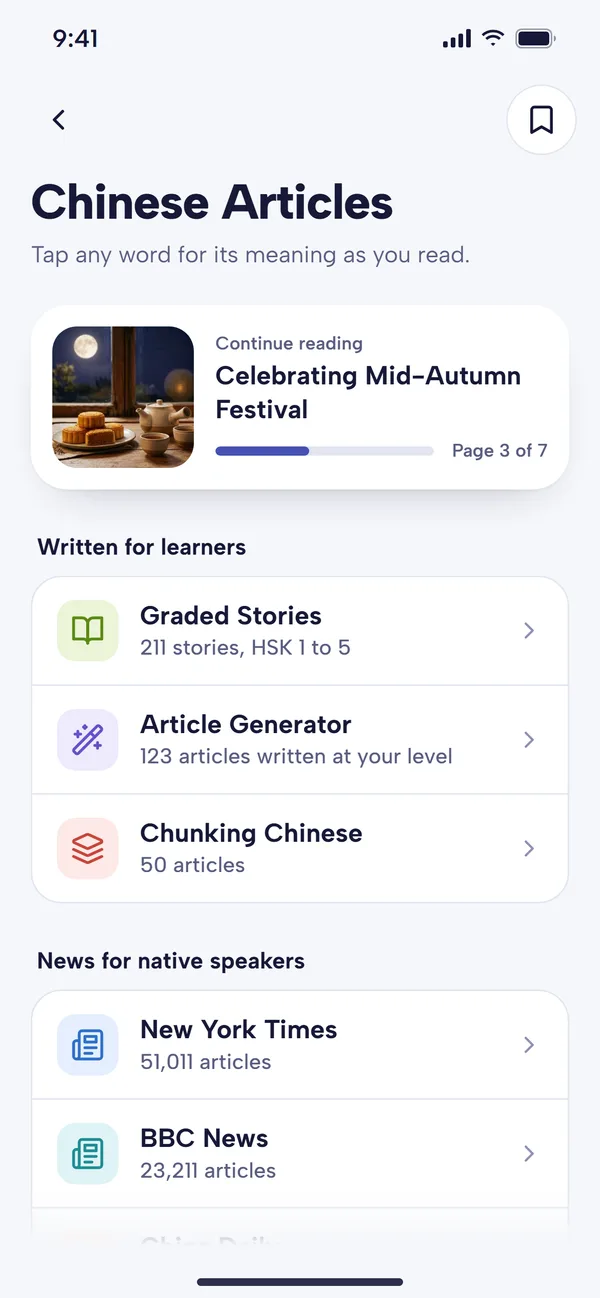 The Chinese Articles screen: a Continue reading card for an article on page 3 of 7, then Graded Stories, Article Generator and Chunking Chinese under Written for learners, and New York Times and BBC News under News for native speakers