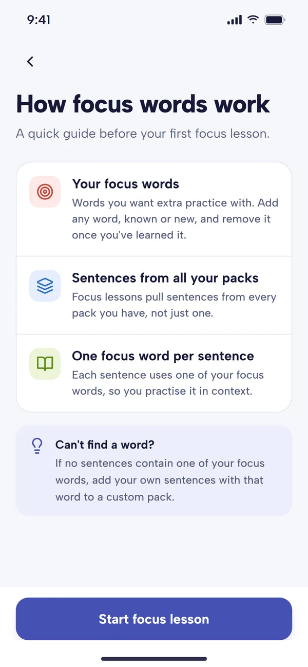 The How focus words work screen: your focus words, sentences from all your packs and one focus word per sentence, a Can't find a word? tip, and a Start focus lesson button