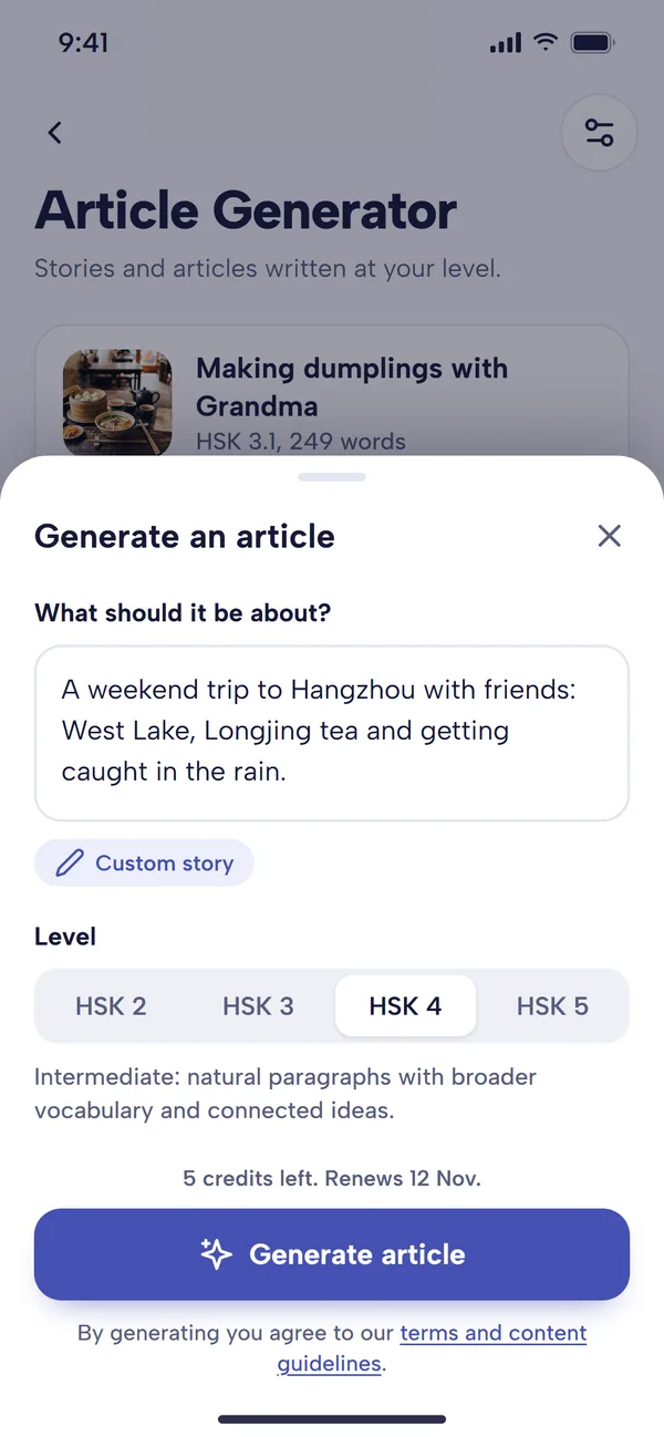 The Generate an article sheet: a prompt about a weekend trip to Hangzhou marked Custom story, the level set to HSK 4, the credits left this month, and a Generate article button