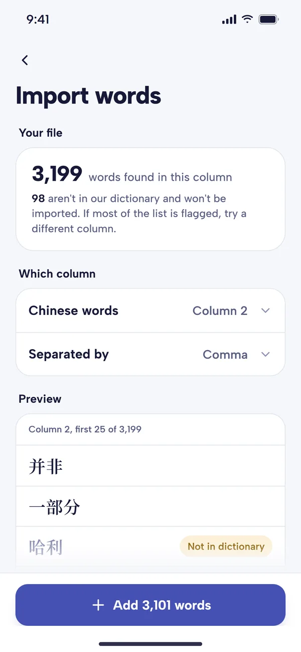 The Import words screen after choosing a file: 3,199 words found in this column, a note that 98 aren&rsquo;t in the dictionary, Chinese words set to Column 2 and Separated by Comma, a preview with 哈利 marked Not in dictionary, and an Add 3,101 words button