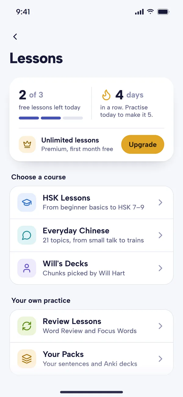 The Lessons screen in Mandarin Mosaic: 2 of 3 free lessons left today, a 4-day streak, and courses including HSK Lessons, Everyday Chinese and Will's Decks (chunks picked by Will Hart)
