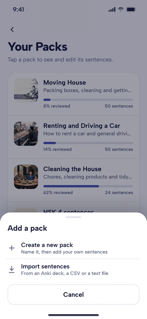 The Your Packs screen with an Add a pack sheet: Create a new pack, or Import sentences from an Anki deck, a CSV or a text file