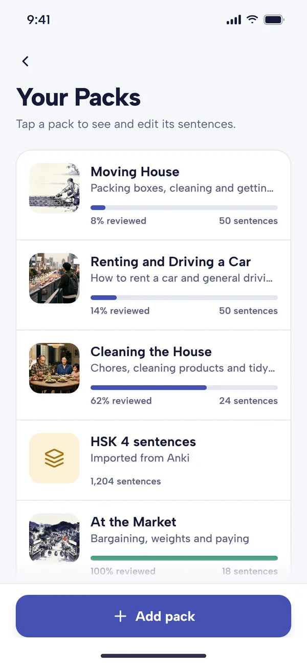 The Your Packs screen in Mandarin Mosaic, listing sentence packs such as Moving House, Cleaning the House and an HSK 4 pack imported from Anki, with how much of each you have reviewed and an Add pack button