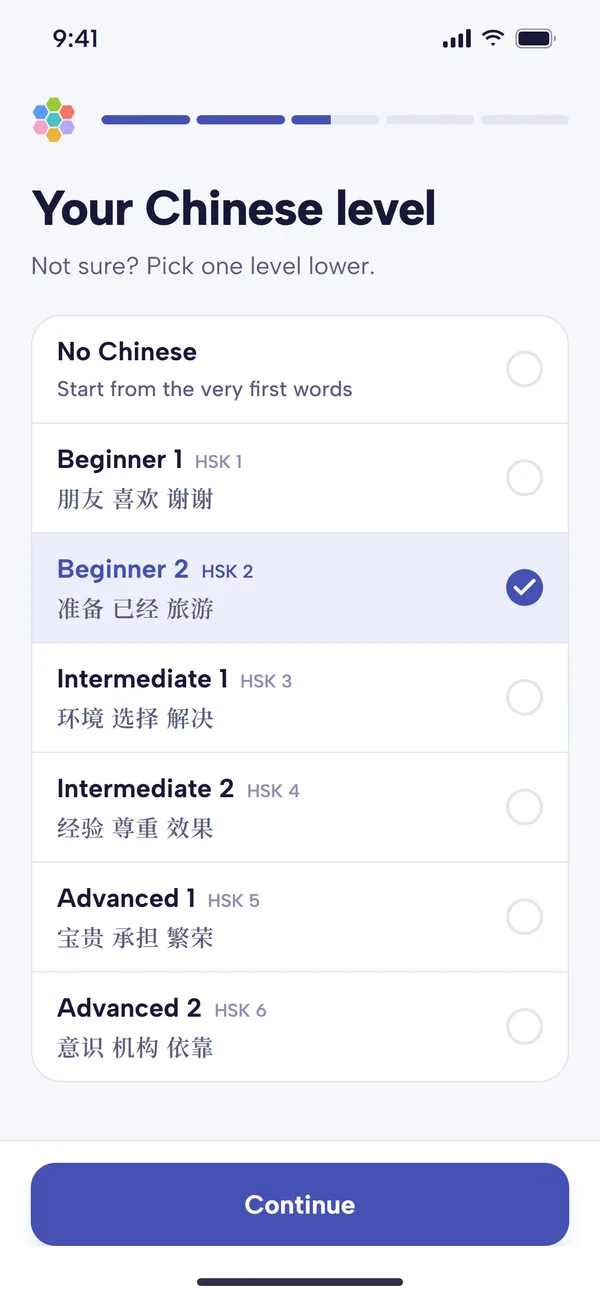 The Your Chinese level screen: No Chinese, then Beginner 1 to Advanced 2, each with its HSK level and three sample words such as 准备 已经 旅游 for Beginner 2, which is selected, and a Continue button