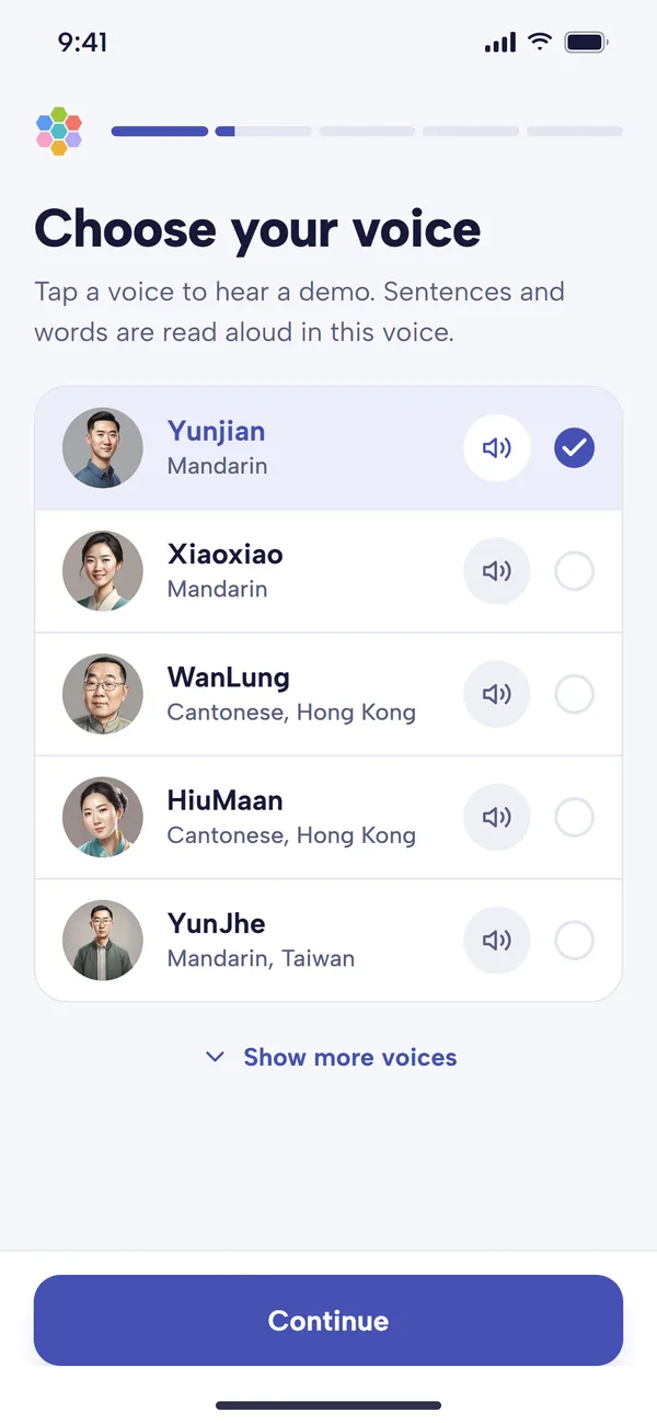 The Choose your voice screen listing Yunjian and Xiaoxiao (Mandarin), WanLung and HiuMaan (Cantonese, Hong Kong) and YunJhe (Mandarin, Taiwan), each with a speaker button, with Yunjian selected, Show more voices and Continue
