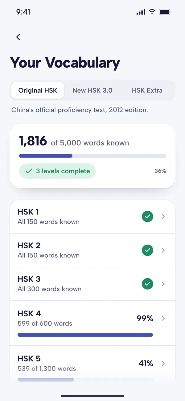The Your Vocabulary screen: 1,816 of 5,000 HSK words known, HSK 1 to 3 complete, and progress bars for HSK 4 and HSK 5