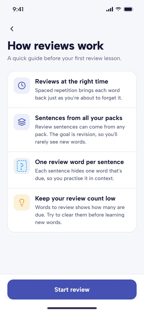 The How reviews work screen: reviews at the right time, sentences from all your packs, one review word per sentence, and keep your review count low, with a Start review button