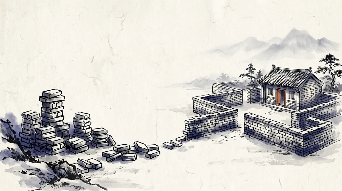 Ink-wash illustration of loose bricks built up into walls and a small house