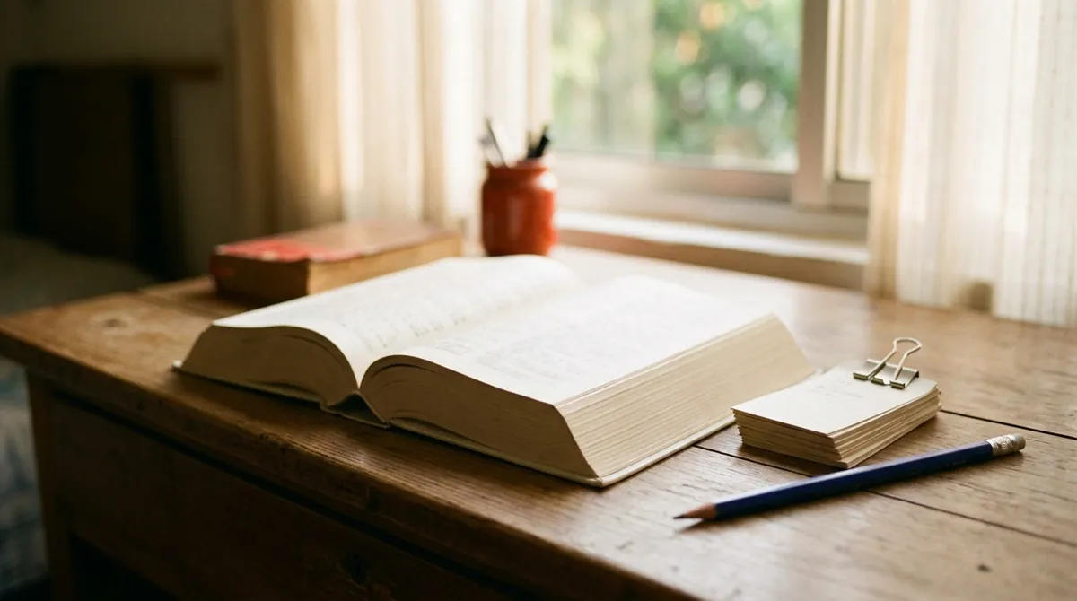 An open Chinese dictionary beside a clipped stack of flashcards and a pencil