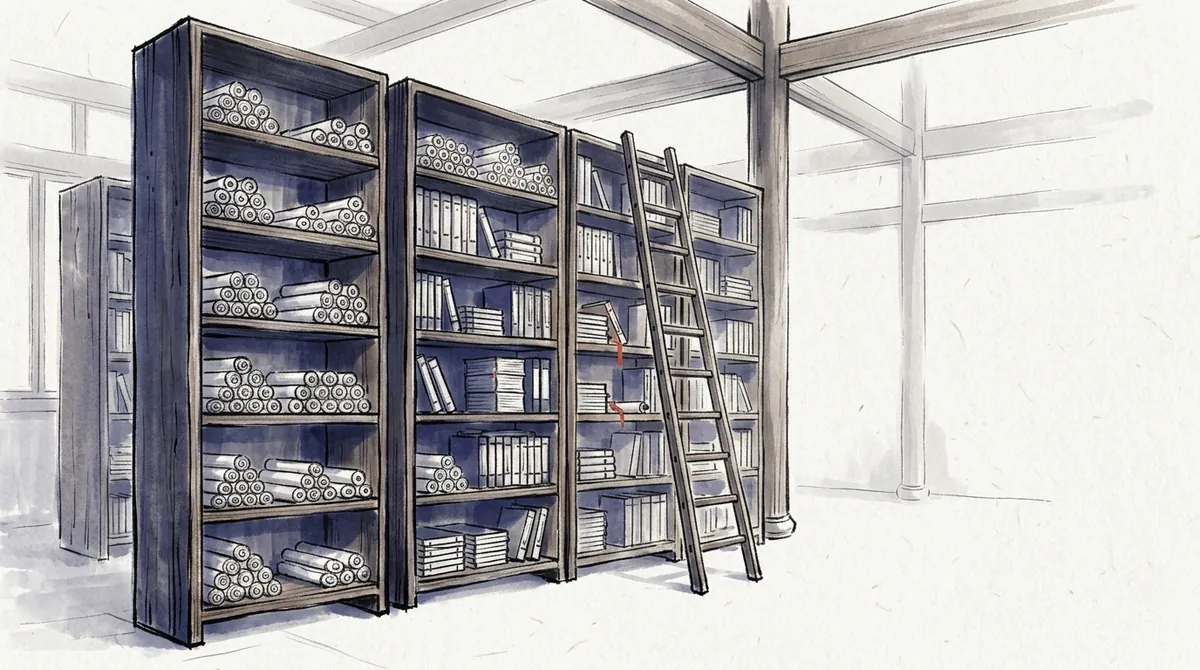 Ink-wash illustration of tall library shelves of scrolls and books with a ladder