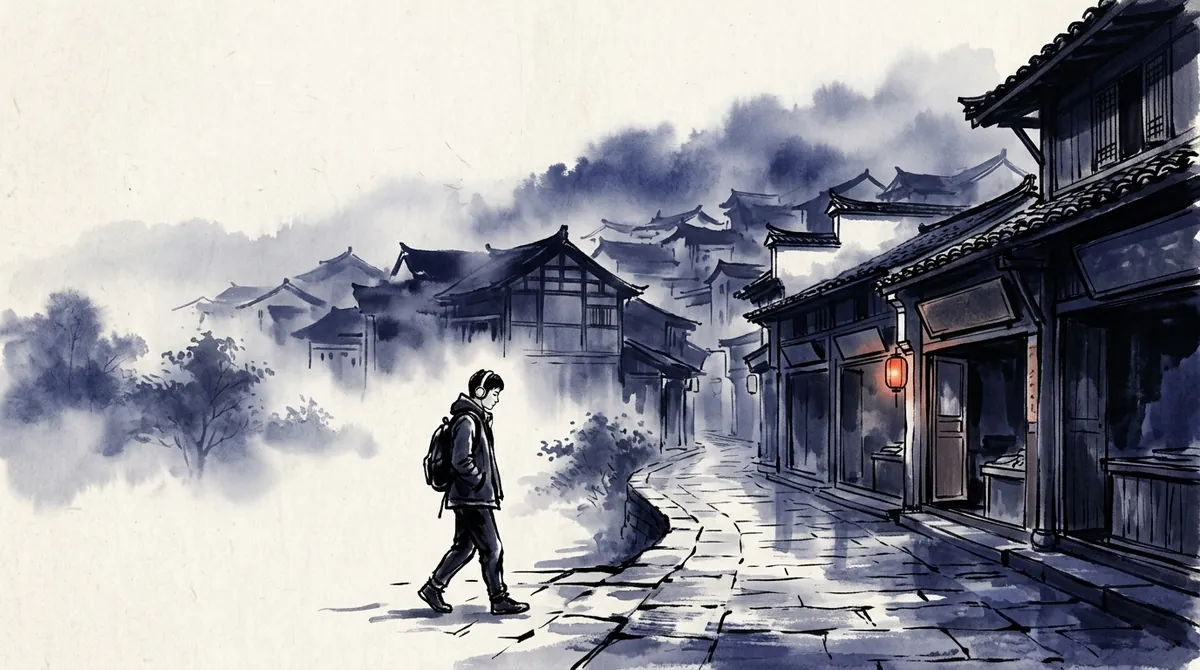 Ink-wash painting of a person with headphones walking through an old town street at dawn