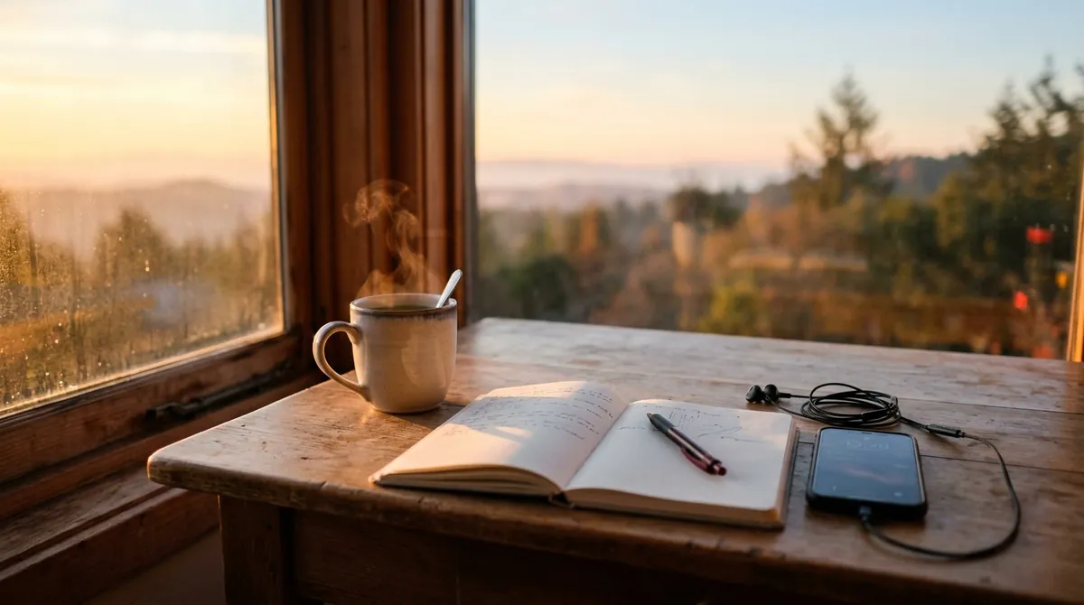 A desk by a window at sunrise with a steaming mug, an open notebook, a pen and a phone with earphones