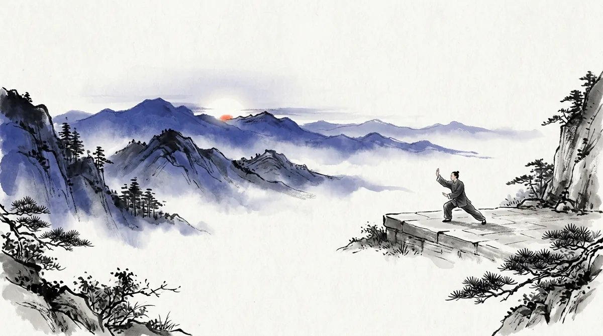 Ink-wash painting of a figure doing tai chi on a mountain terrace at sunrise