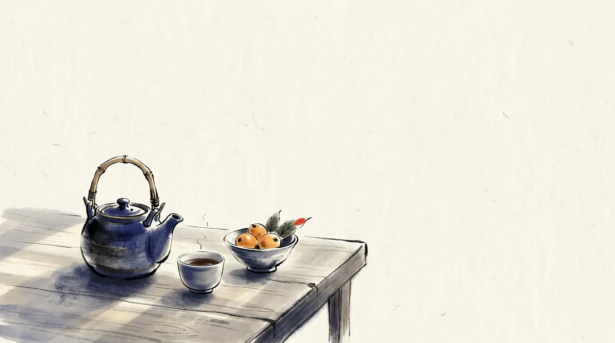 Ink-wash illustration of a teapot, a cup and a bowl of fruit on a sunlit table