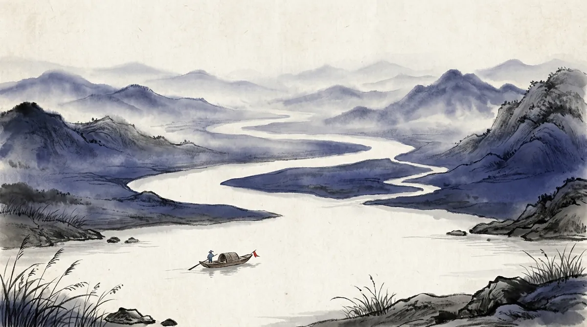 An ink-wash painting of a small boat on a wide river that winds away through misty hills