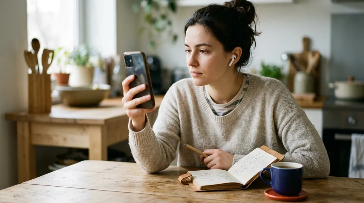 A learner wearing earbuds holds up her phone at a kitchen table, with a notebook and a cup of tea beside her