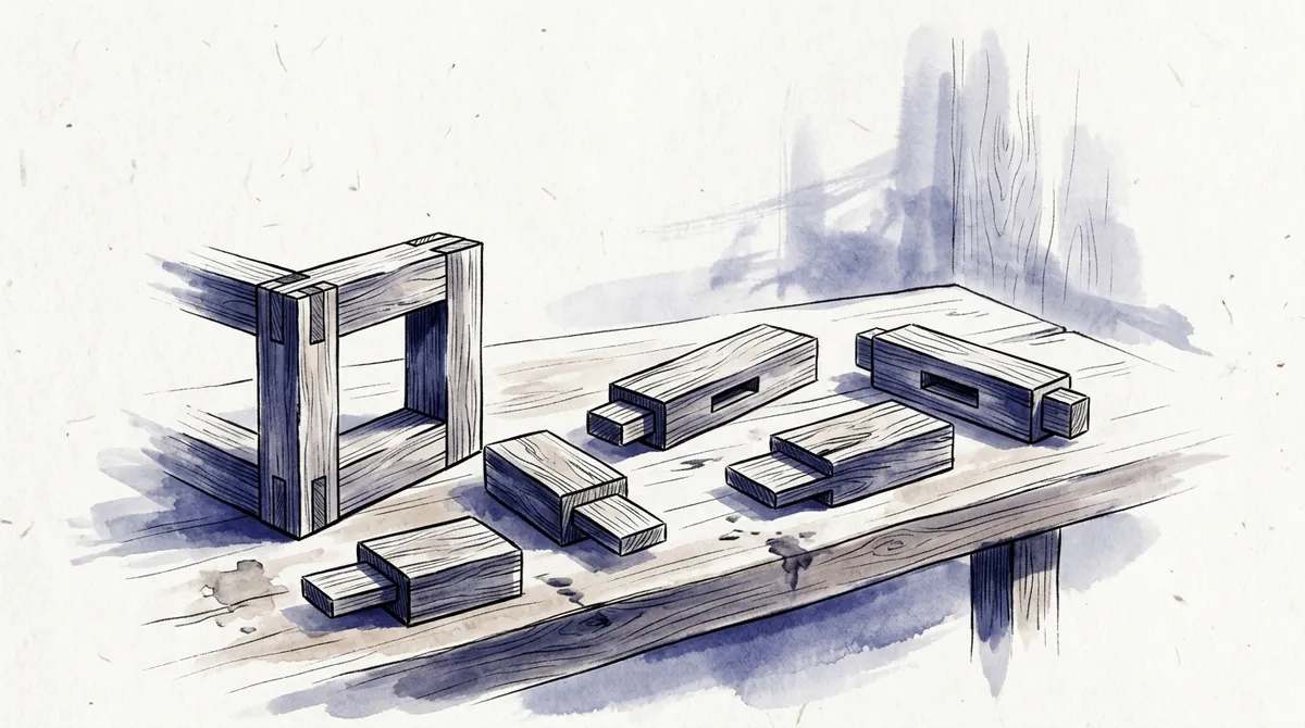An ink-wash drawing of carved wooden joints on a workbench, some already fitted together into a sturdy frame