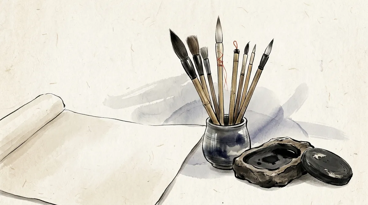 Ink-wash illustration of calligraphy brushes of different sizes in a holder beside an ink stone