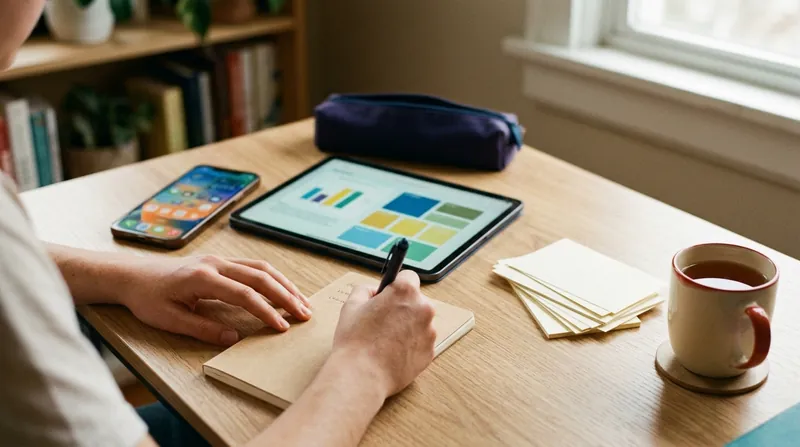 A learner writing notes beside a phone and tablet showing study apps, with paper index cards set aside