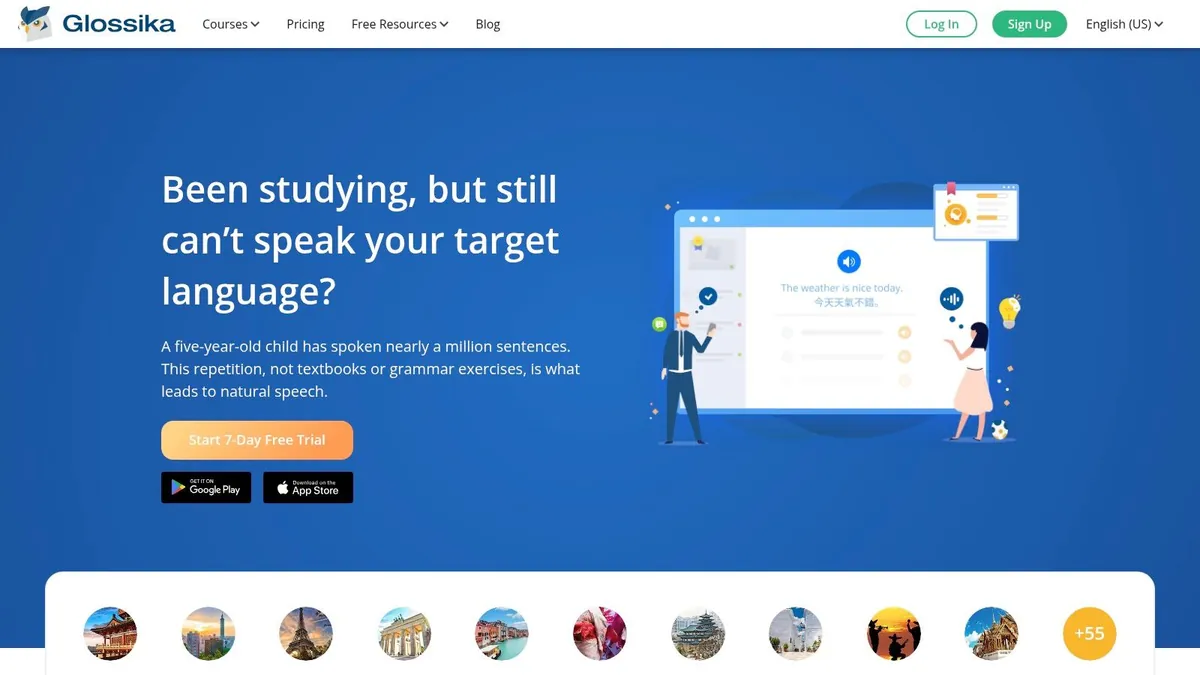 Glossika homepage asking whether you have been studying but still can't speak your target language