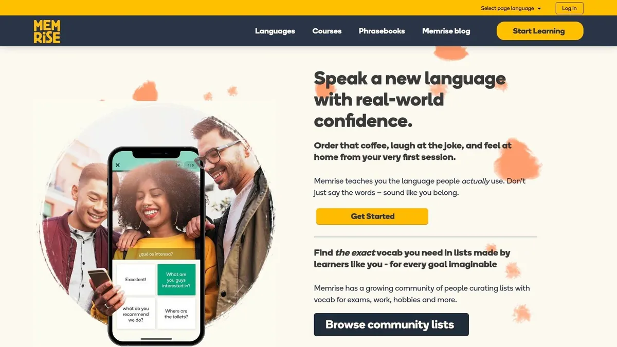 Memrise homepage: speak a new language with real-world confidence