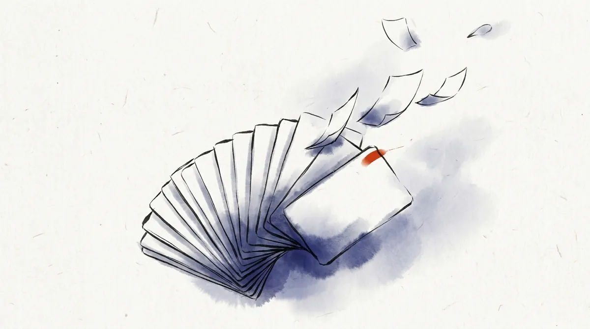 Ink-wash illustration of a fanned deck of blank flashcards, with a few cards drifting away