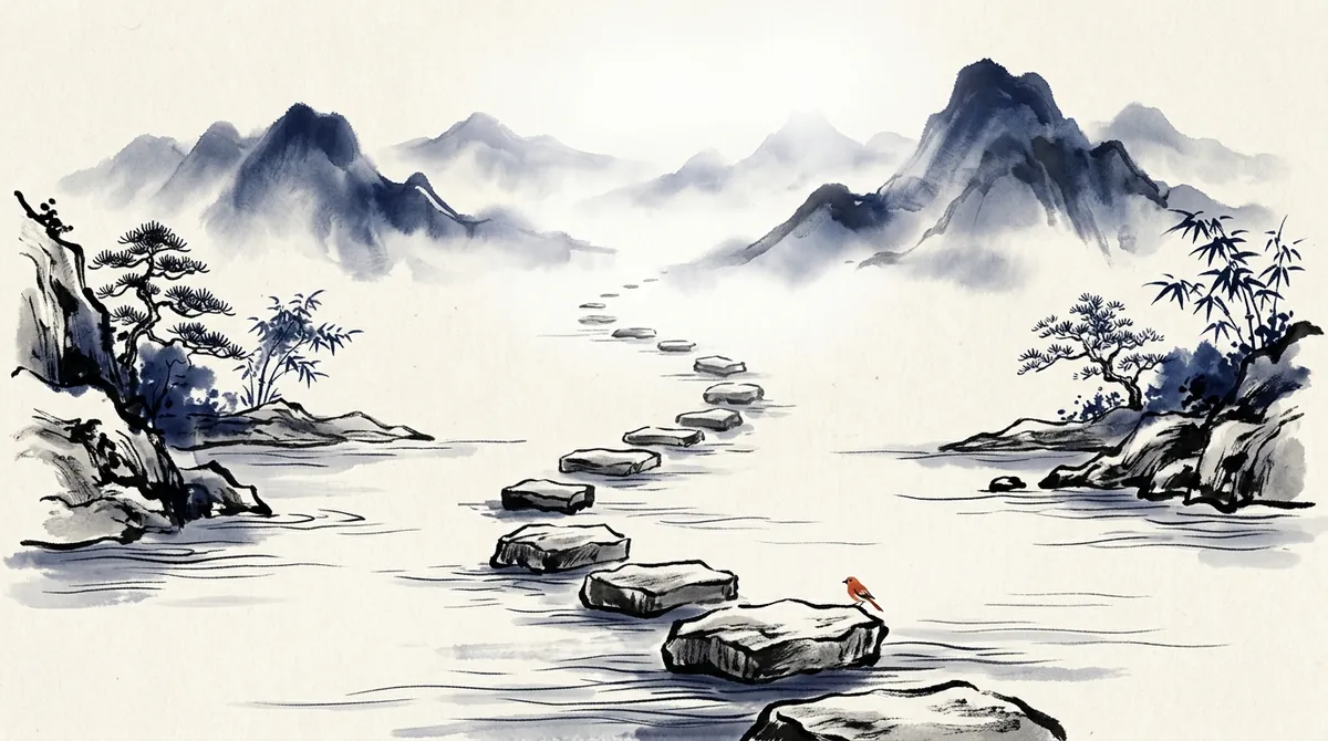 Ink-wash illustration of stepping stones crossing a calm river towards distant mountains