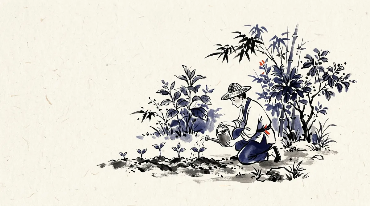 Ink-wash painting of a gardener in a straw hat watering a short row of seedlings, with fully grown plants behind