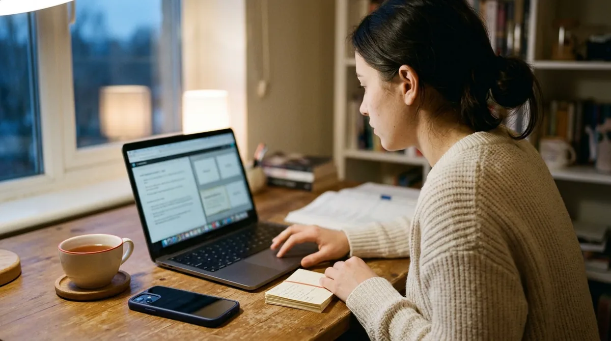 A learner at a wooden desk in the evening reviewing flashcards on a laptop, holding a small stack of paper flashcards, with a phone and a cup of tea beside her
