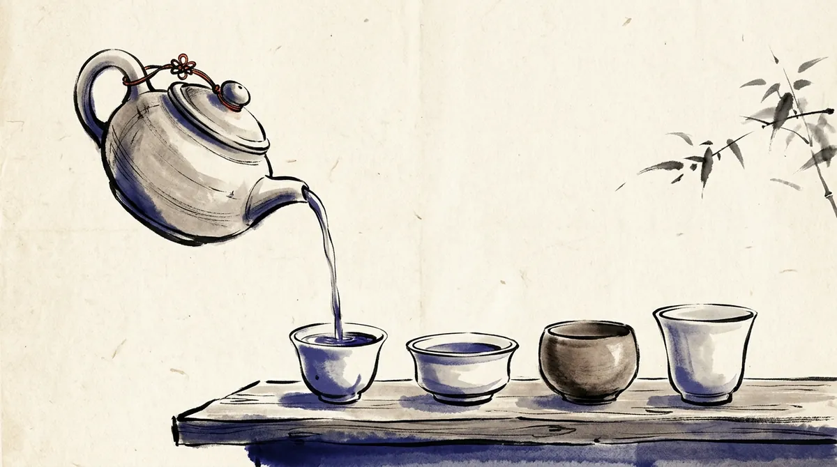 Ink-wash painting of a teapot pouring tea into the first of four differently shaped cups on a wooden shelf