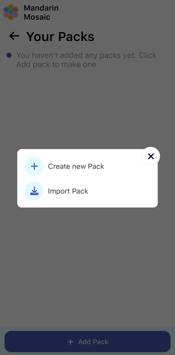 The Add Pack menu with two choices: Create new Pack and Import Pack