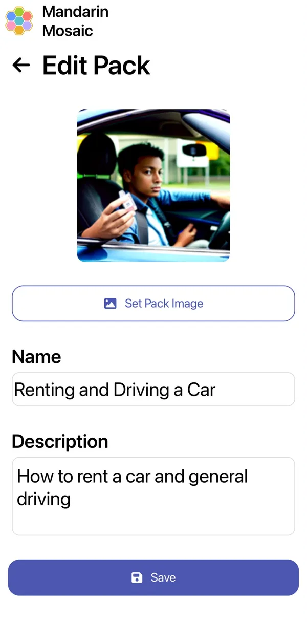 The Edit Pack screen with a pack image, the name Renting and Driving a Car, a description and a Save button