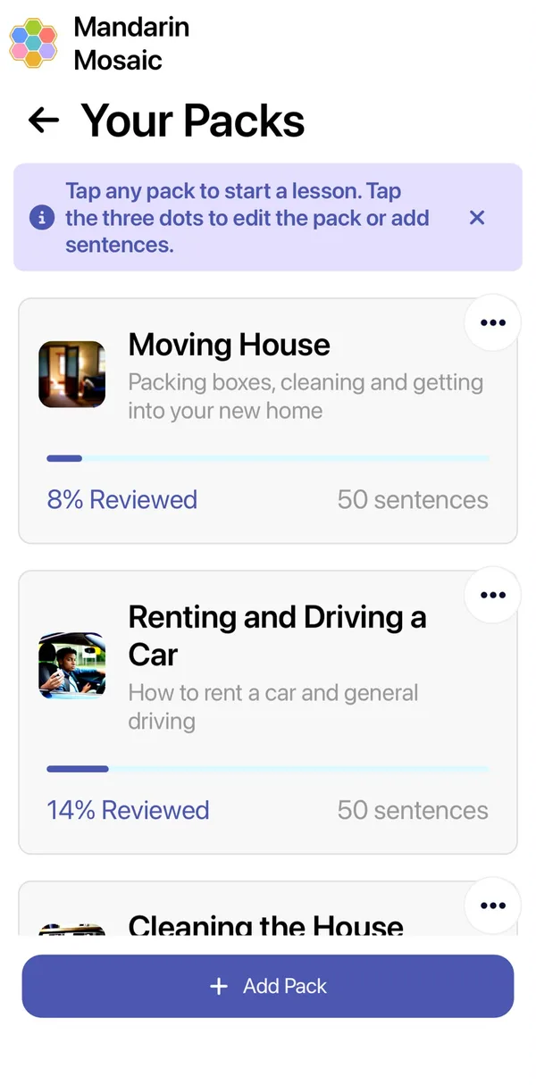 The Your Packs screen listing custom packs with their images, progress and sentence counts, and an Add Pack button