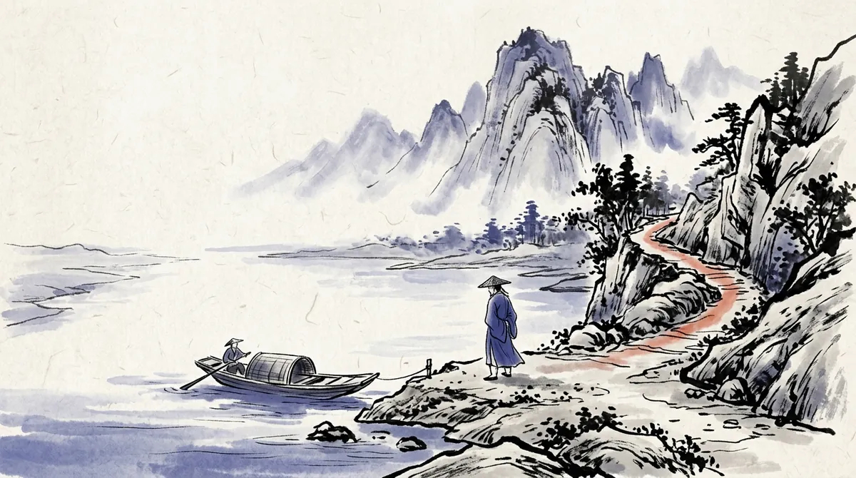 Ink-wash painting of a traveller at a riverbank choosing between a moored boat and a path into the hills