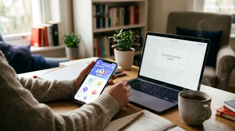 A phone showing a gamified lesson beside a laptop showing a flashcard review, with a learner's hands and a cup of tea