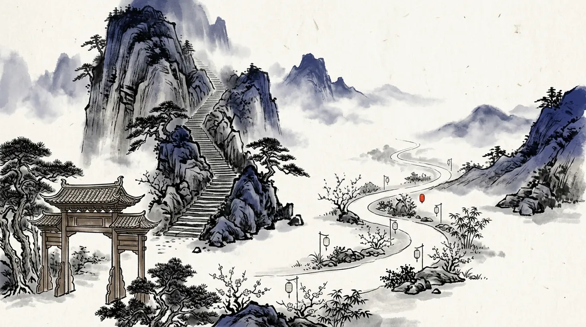 Ink-wash painting of two paths from one gate: a winding lantern-lit garden path and a steep stone stairway up a mountain