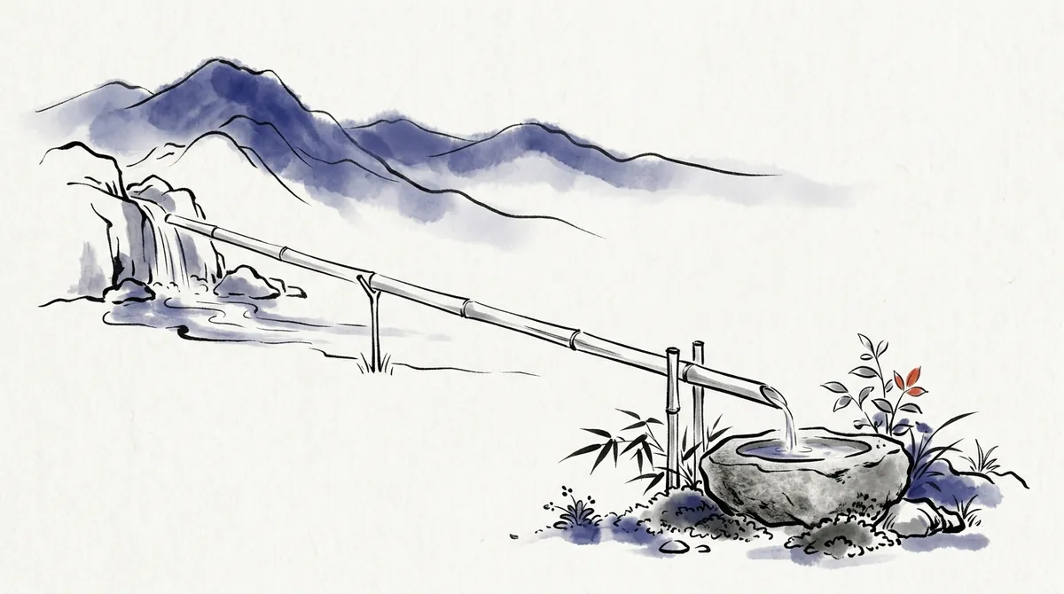 Ink-wash illustration of a bamboo pipe carrying spring water down to a stone basin