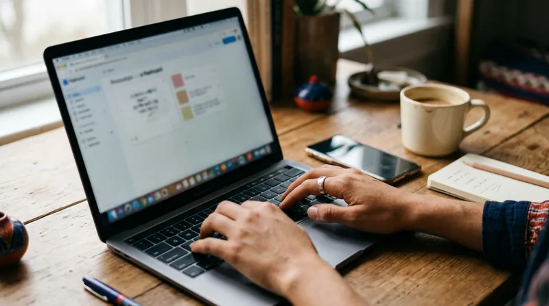 Hands typing on a laptop showing flashcard software, with a phone, a coffee and a notebook on the desk