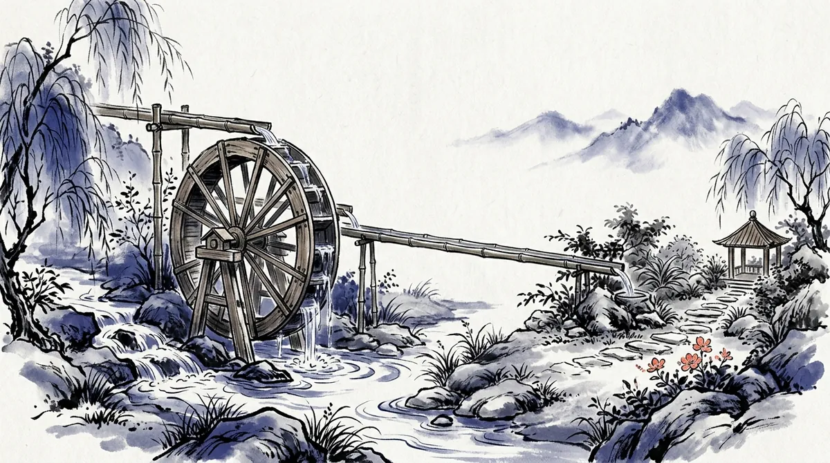 Ink-wash painting of a wooden water wheel lifting water into a channel that runs to a garden