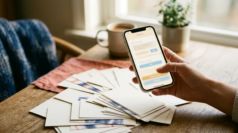 A hand holding a phone with a flashcard app above a pile of paper flashcards on a wooden desk