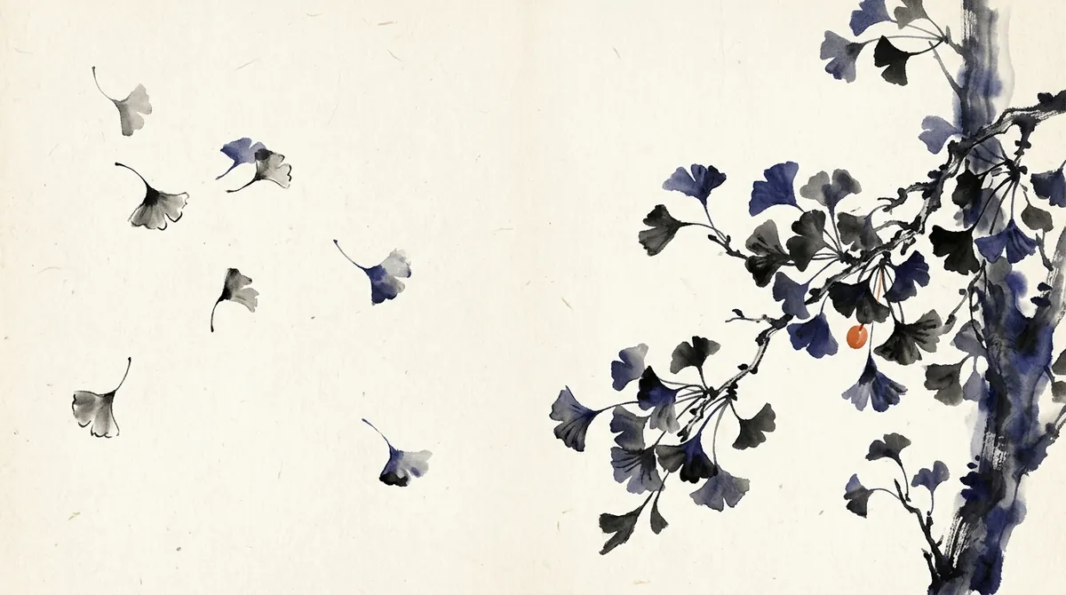 Ink-wash painting of loose ginkgo leaves drifting apart beside the same leaves growing together on a branch