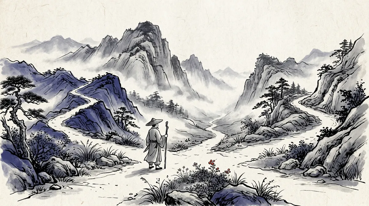 Ink-wash painting of a traveller where a mountain path divides into three trails