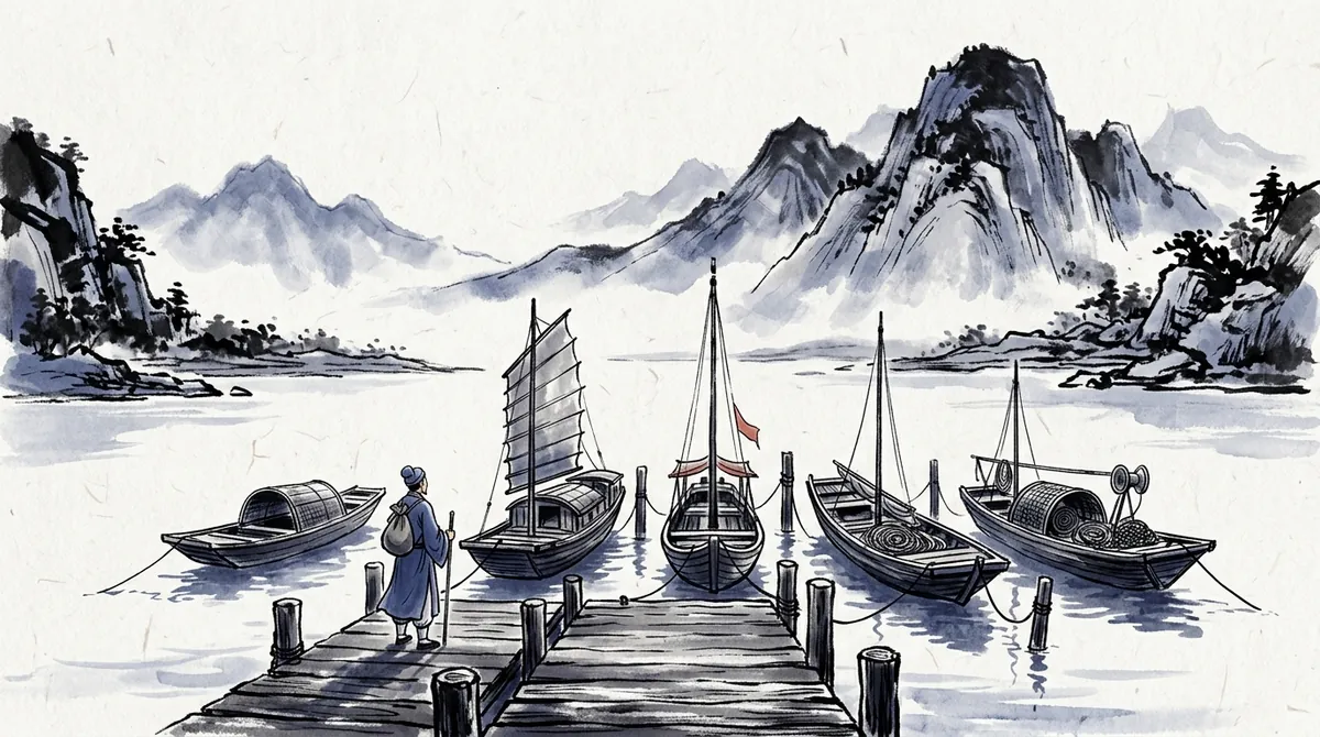 Ink-wash painting of a traveller on a jetty choosing between several moored boats
