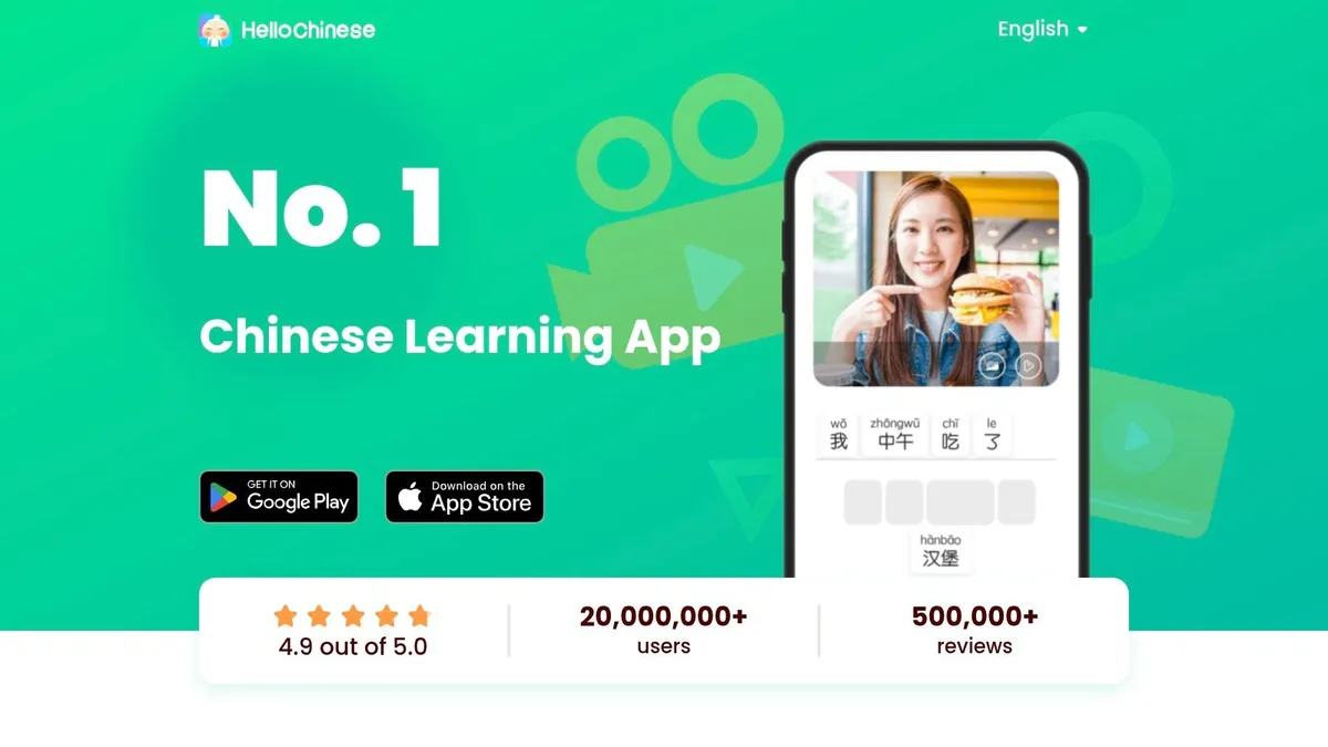 HelloChinese homepage showing its Chinese learning app on a phone