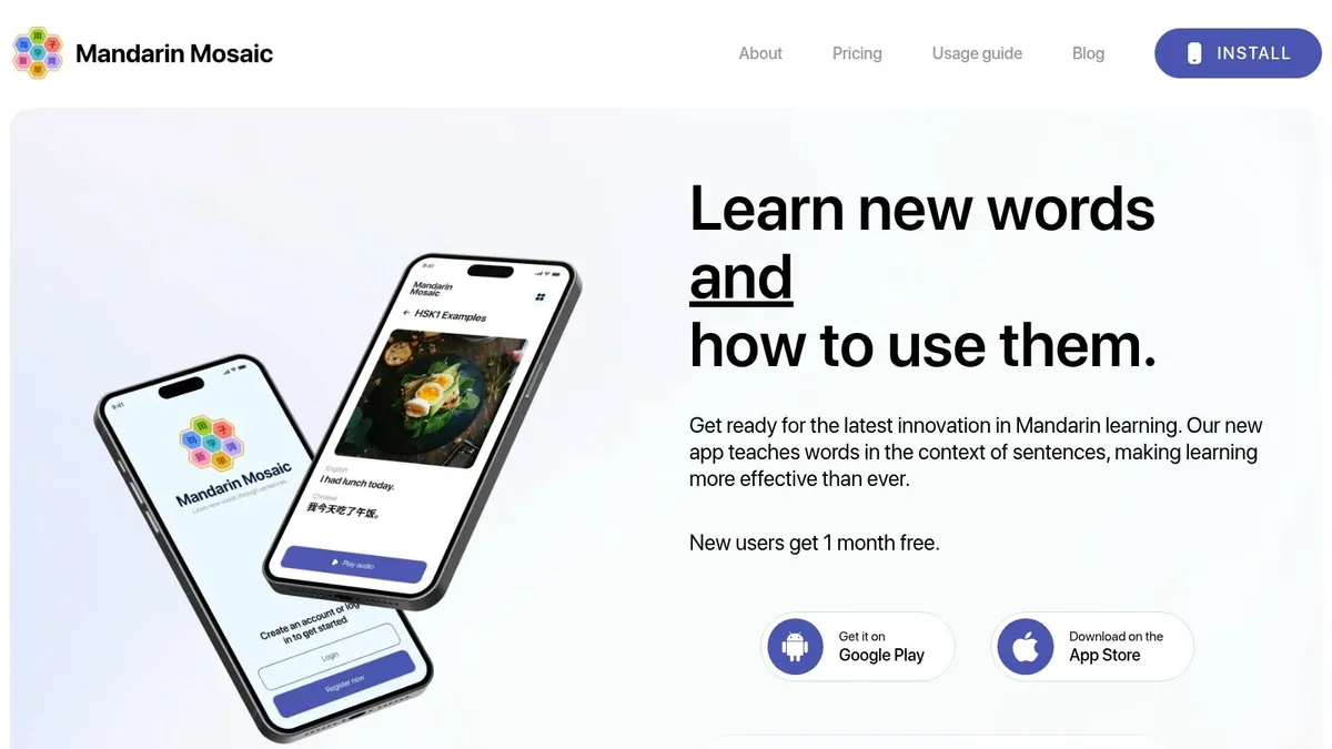 Mandarin Mosaic homepage: learn new words and how to use them, with Google Play and App Store download links