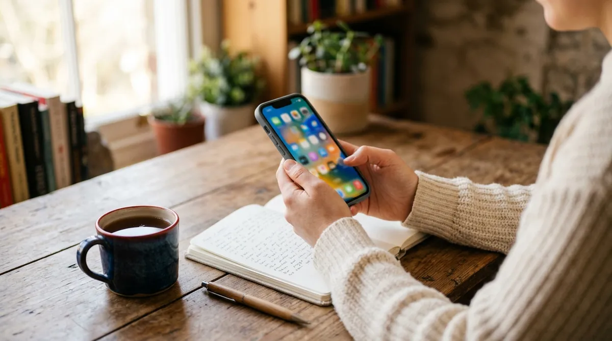 A learner holding a phone full of app icons above a desk with a notebook and a mug of tea