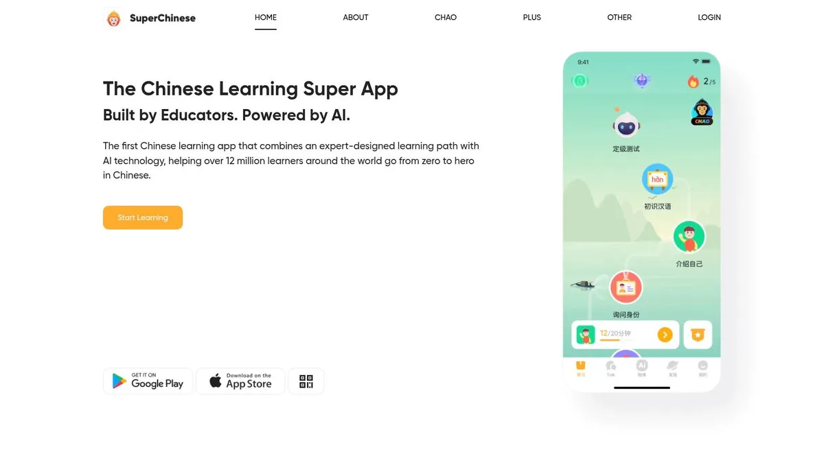 SuperChinese homepage: the Chinese learning super app, with its learning path on a phone