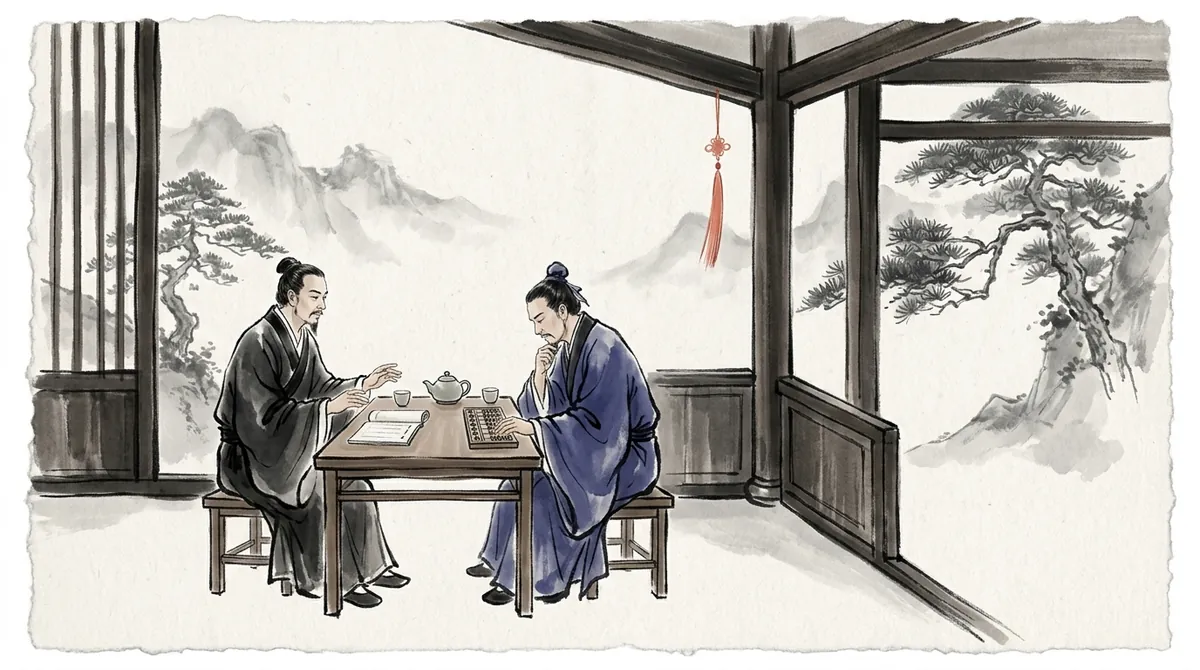 Ink-wash painting of two merchants negotiating over tea in a teahouse, with a ledger and an abacus on the table