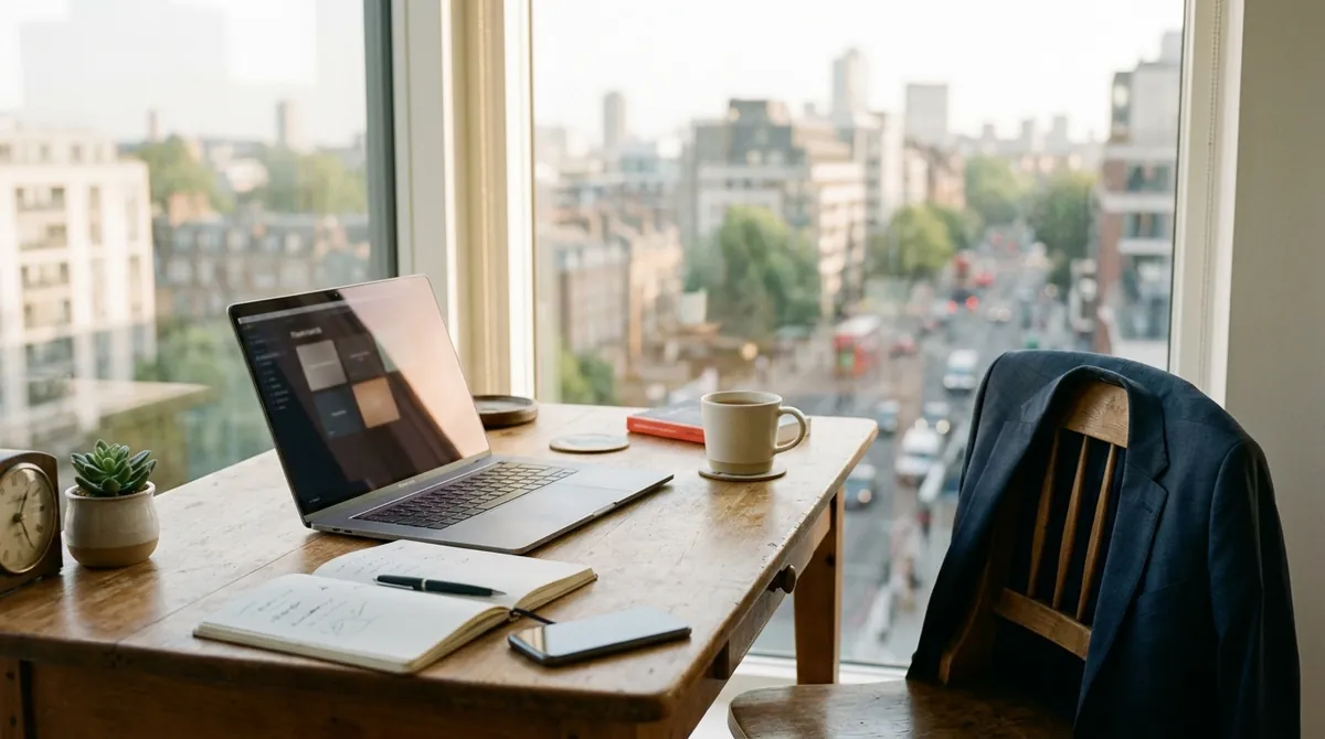 An office desk by a window over a city, with a laptop showing a flashcard review, a notebook, a phone and a cup of tea