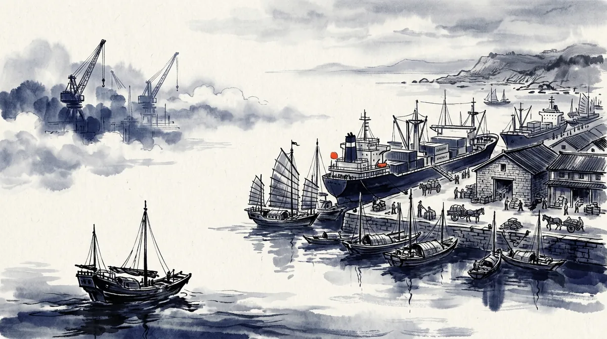 Ink-wash painting of a trading harbour with junks and cargo ships side by side, warehouses and cranes along the quay
